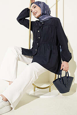 Taş Düğmeli Büzgülü Gömlek Lacivert 