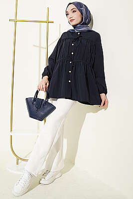 Taş Düğmeli Büzgülü Gömlek Lacivert - Gömlek