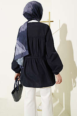 Taş Düğmeli Büzgülü Gömlek Lacivert - Gömlek