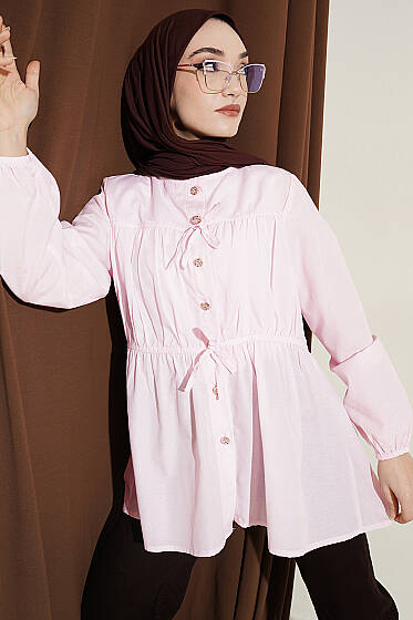 Taş Düğmeli Büzgülü Gömlek Pembe - 500-700 TL Ürünler