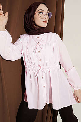 Taş Düğmeli Büzgülü Gömlek Pembe - VAV TEKSTİL