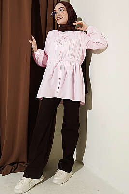 Taş Düğmeli Büzgülü Gömlek Pembe - Gömlek