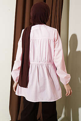 Taş Düğmeli Büzgülü Gömlek Pembe - Gömlek