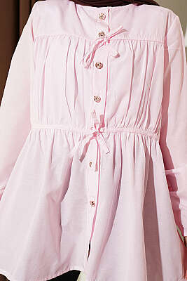 Taş Düğmeli Büzgülü Gömlek Pembe - Gömlek