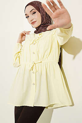 Taş Düğmeli Büzgülü Gömlek Sarı 