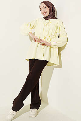 Taş Düğmeli Büzgülü Gömlek Sarı - Gömlek