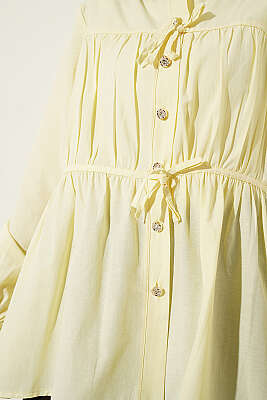 Taş Düğmeli Büzgülü Gömlek Sarı - Gömlek