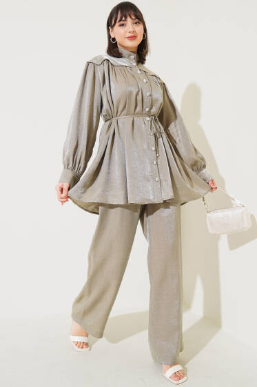 Taş Düğmeli Büzgülü İkili Takım Haki - İkili Takım