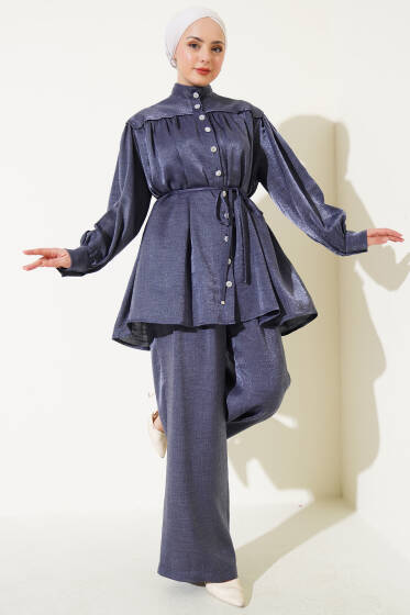 Taş Düğmeli Büzgülü İkili Takım Lacivert - İkili Takım