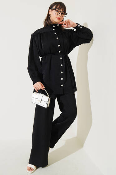 Taş Düğmeli Büzgülü İkili Takım Siyah - İkili Takım