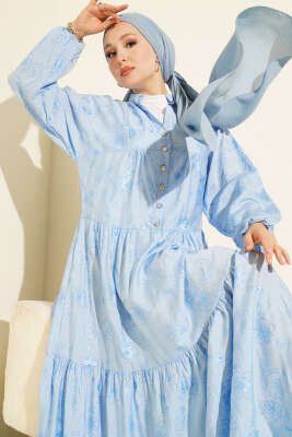 Taş Düğmeli Çiçek Desenli Elbise Bebe Mavi - TABLO FASHİON