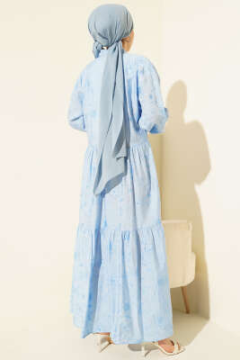 Taş Düğmeli Çiçek Desenli Elbise Bebe Mavi - Tesettür Elbise