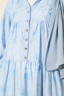 Taş Düğmeli Çiçek Desenli Elbise Bebe Mavi - Tesettür Elbise