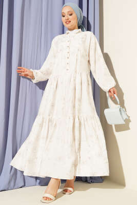 Taş Düğmeli Çiçek Desenli Elbise Ekru - TABLO FASHİON