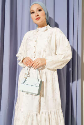 Taş Düğmeli Çiçek Desenli Elbise Ekru - Tesettür Elbise