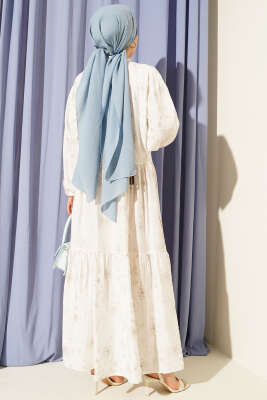 Taş Düğmeli Çiçek Desenli Elbise Ekru - Tesettür Elbise