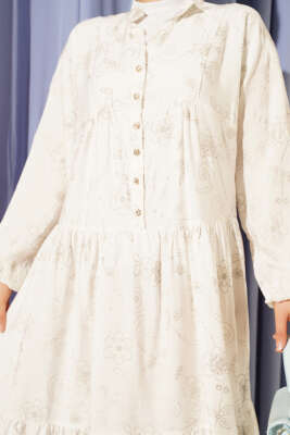 Taş Düğmeli Çiçek Desenli Elbise Ekru - Tesettür Elbise