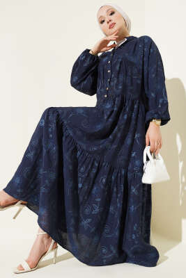 Taş Düğmeli Çiçek Desenli Elbise Lacivert - TABLO FASHİON