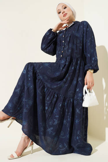 Taş Düğmeli Çiçek Desenli Elbise Lacivert - Tesettür Elbise