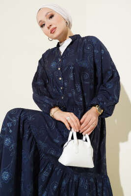 Taş Düğmeli Çiçek Desenli Elbise Lacivert - Tesettür Elbise