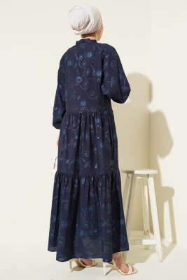 Taş Düğmeli Çiçek Desenli Elbise Lacivert - Tesettür Elbise