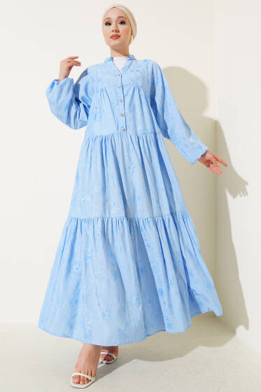 Taş Düğmeli Çiçek Desenli Elbise Mavi - Elbise