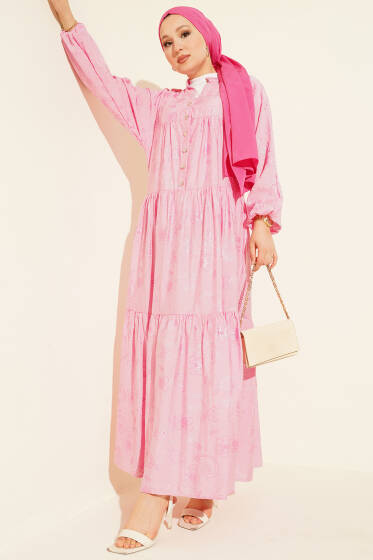 Taş Düğmeli Çiçek Desenli Elbise Pembe - Elbise