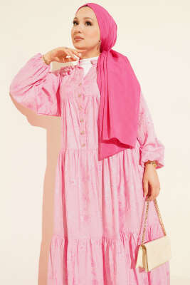 Taş Düğmeli Çiçek Desenli Elbise Pembe - Tesettür Elbise