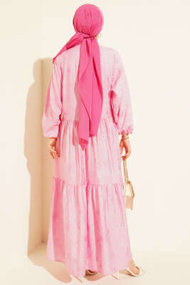 Taş Düğmeli Çiçek Desenli Elbise Pembe - Tesettür Elbise