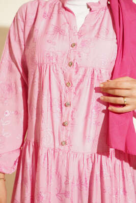 Taş Düğmeli Çiçek Desenli Elbise Pembe - Tesettür Elbise