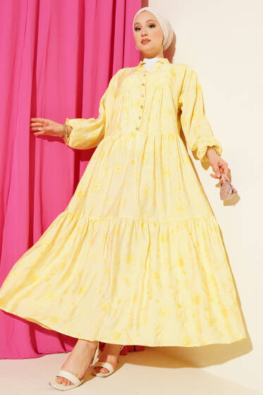 Taş Düğmeli Çiçek Desenli Elbise Sarı - Elbise