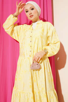 Taş Düğmeli Çiçek Desenli Elbise Sarı - Tesettür Elbise