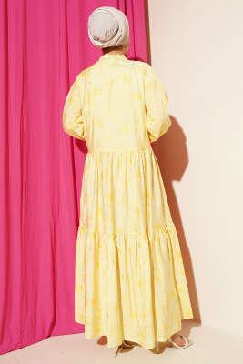 Taş Düğmeli Çiçek Desenli Elbise Sarı - Tesettür Elbise