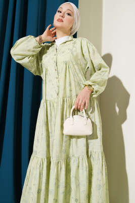 Taş Düğmeli Çiçek Desenli Elbise Su Yeşili - Tesettür Elbise