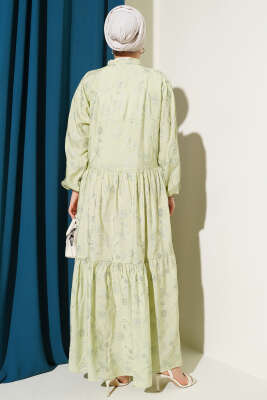 Taş Düğmeli Çiçek Desenli Elbise Su Yeşili - Tesettür Elbise