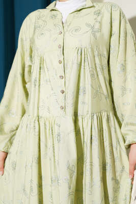 Taş Düğmeli Çiçek Desenli Elbise Su Yeşili - Tesettür Elbise