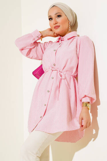 Taş Düğmeli Çizgili Gömlek Pembe - Gömlek