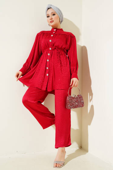 Taş Düğmeli Desenli Jakar İkili Takım Kırmızı - İkili Takım