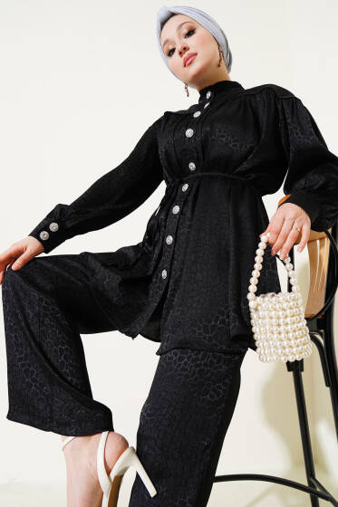 Taş Düğmeli Desenli Jakar İkili Takım Siyah - İkili Takım