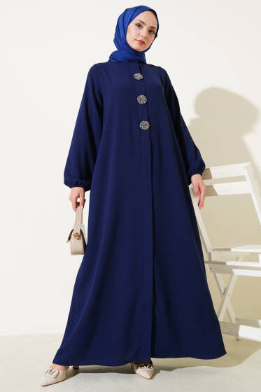 Taş Düğmeli Detaylı Büyük Beden Ferace Lacivert - Ferace