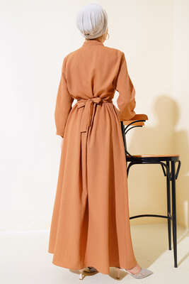 Taş Düğmeli Fırfırlı Elbise Latte - Thumbnail