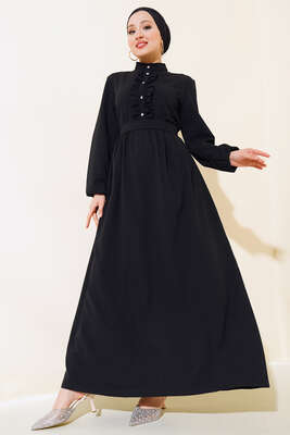 Taş Düğmeli Fırfırlı Elbise Siyah - Thumbnail