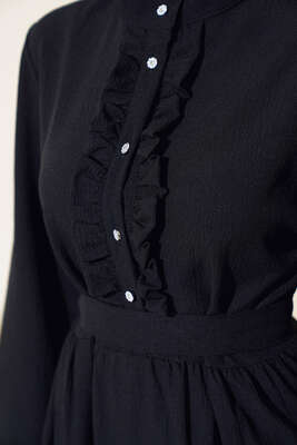 Taş Düğmeli Fırfırlı Elbise Siyah - Thumbnail