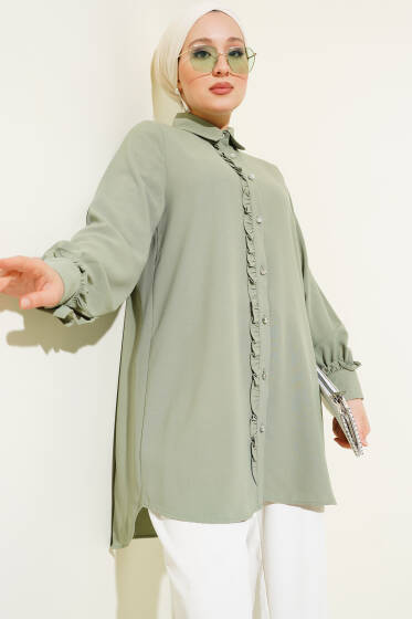Taş Düğmeli Fırfırlı Gömlek Çağla Yeşili - Gömlek
