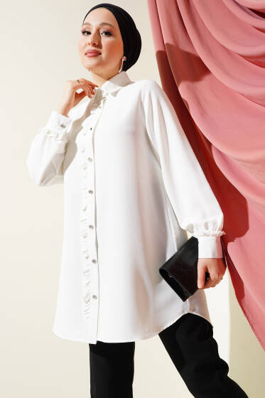 Taş Düğmeli Fırfırlı Gömlek Ekru - Gömlek