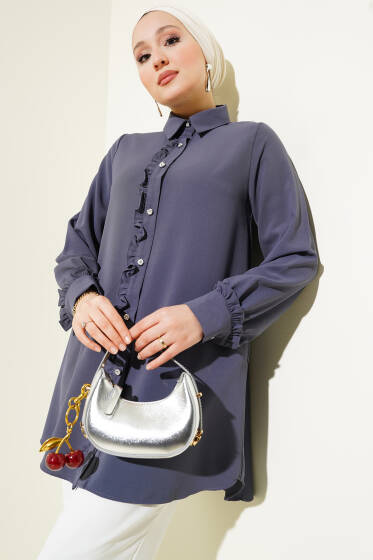 Taş Düğmeli Fırfırlı Gömlek Füme - Gömlek