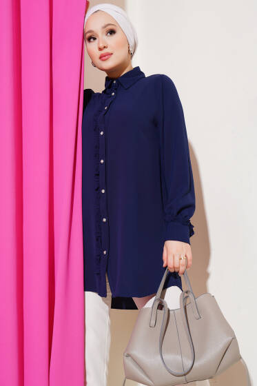 Taş Düğmeli Fırfırlı Gömlek Lacivert - Gömlek