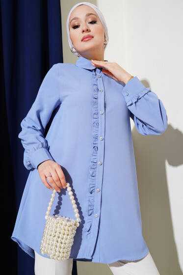 Taş Düğmeli Fırfırlı Gömlek Mavi - Gömlek