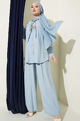 Taş Düğmeli Fularlı Modal İkili Takım Bebe Mavi - HATUN