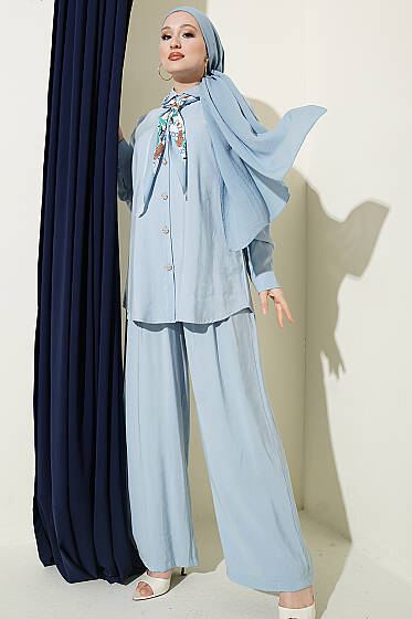 Taş Düğmeli Fularlı Modal İkili Takım Bebe Mavi - İkili Takım
